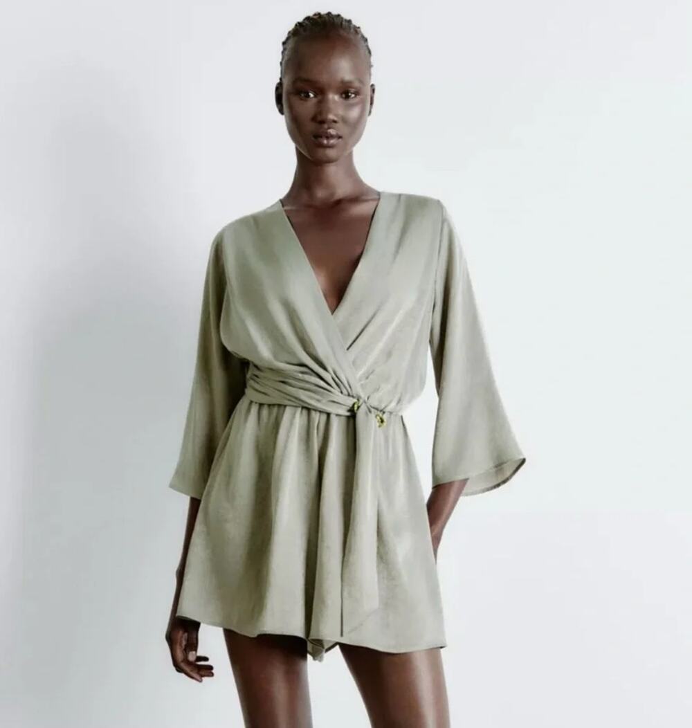 Zara Link Satin Effect Jumpsuit Khaki Green Romper XS Extra Small